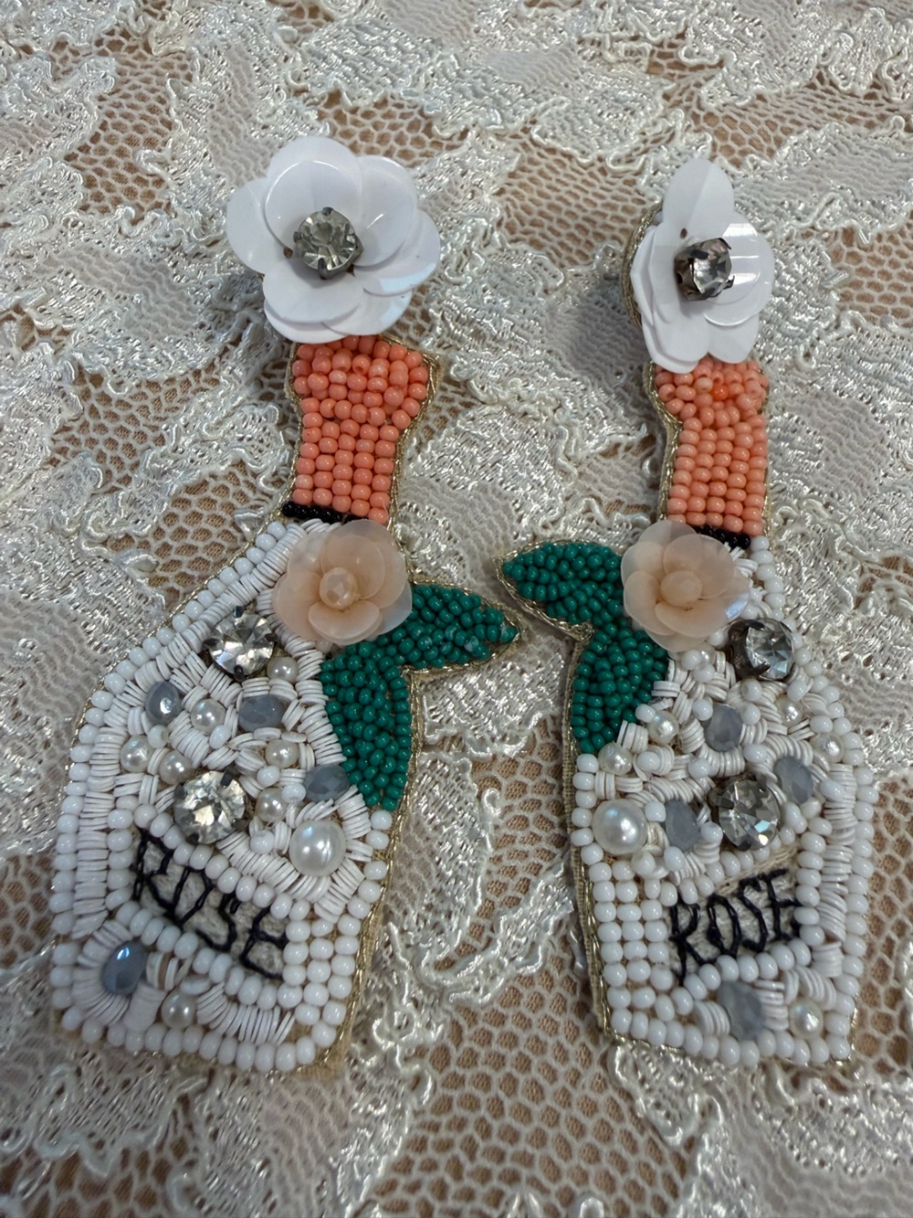 Rose wine beaded floral dangle drop post party earrings bachelorette resort wear